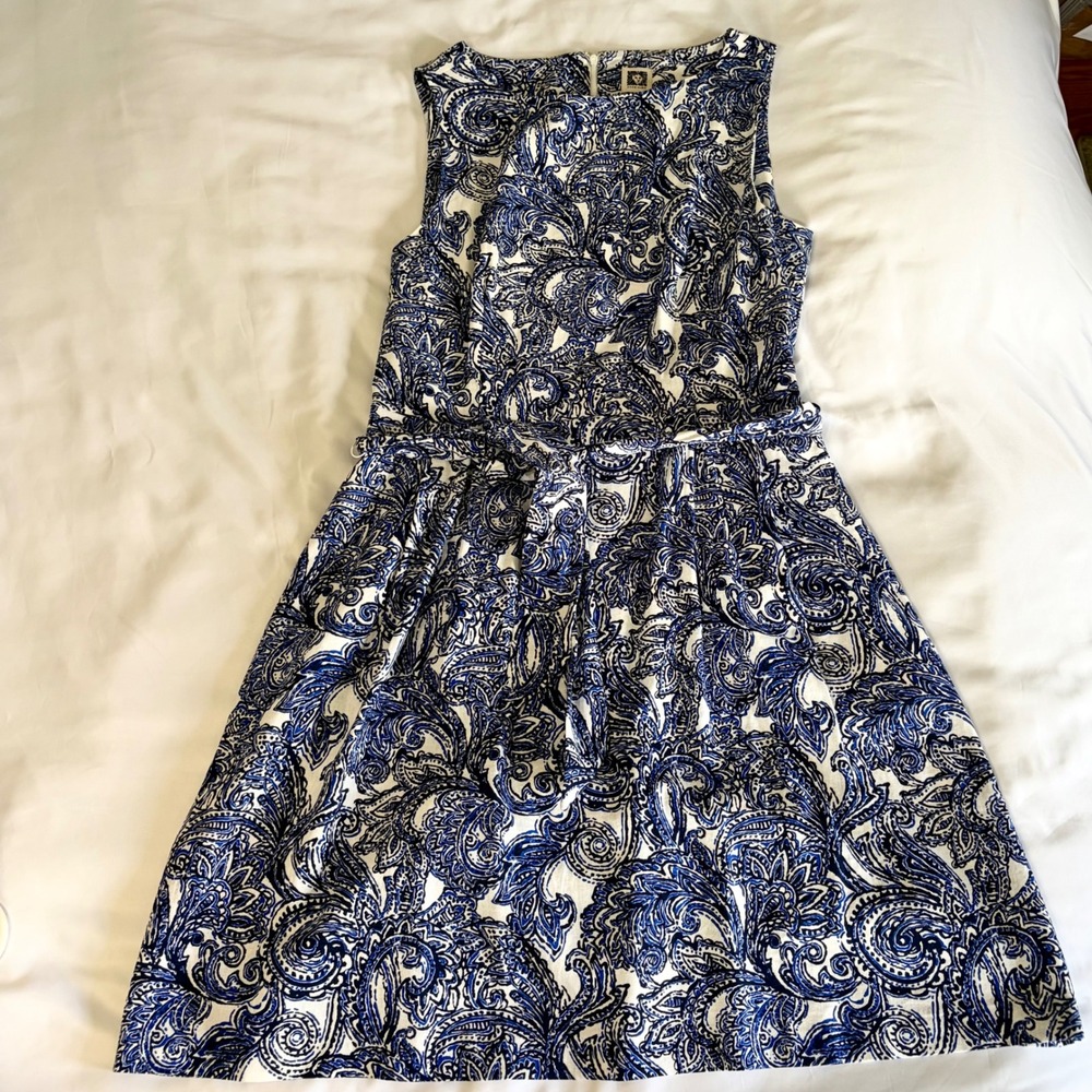 Anne Klein Blue White Paisley Sleeveless Fit Flare Belted Dress Women Size 10